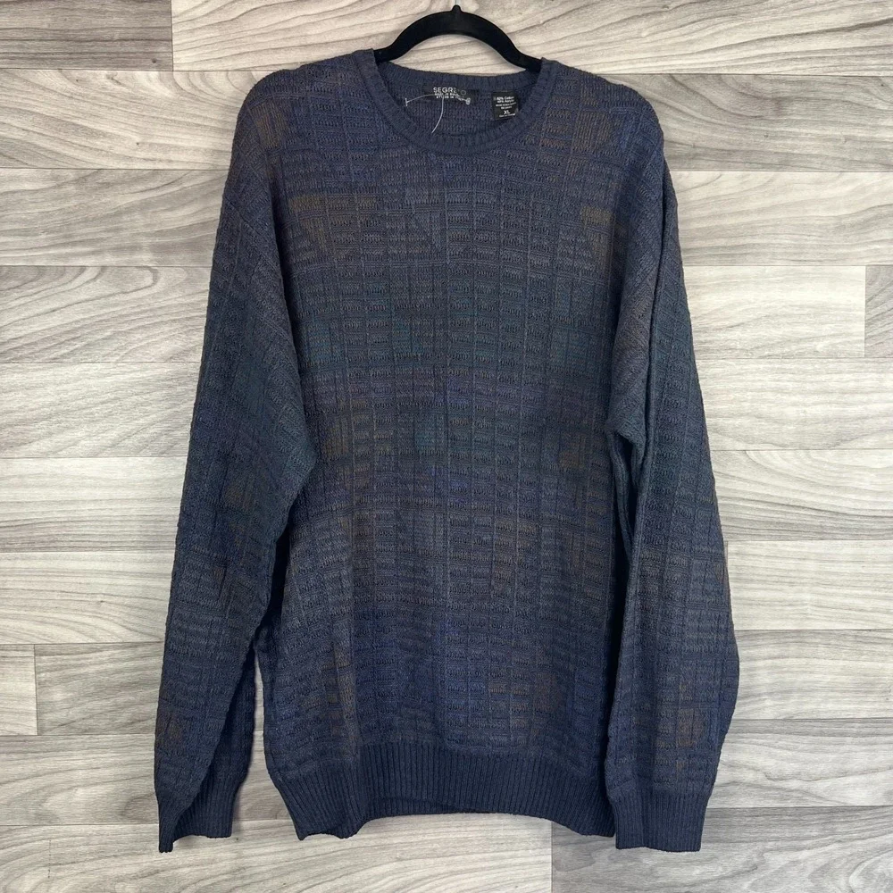 Segreto Sweater Men's XL Navy Blue Cotton Knitted Long Sleeve Crew Neck Pullover